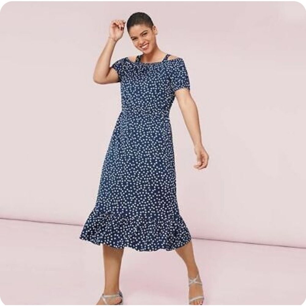 Avon blue white polka dot, off shoulder midi  dress size XL 16 *